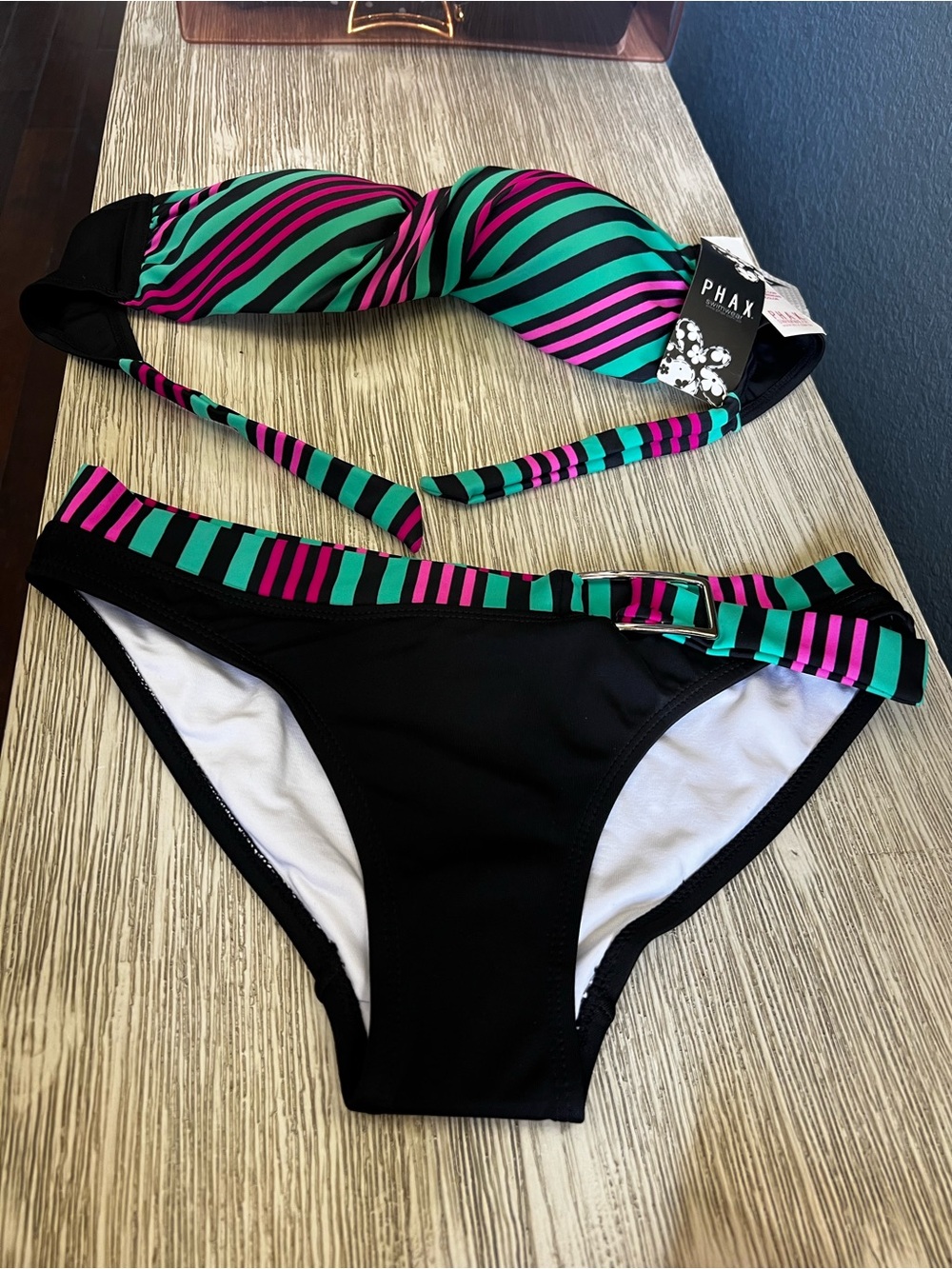 🆕 PHAX Black Bikini with Teal and Magenta Stripe Accents